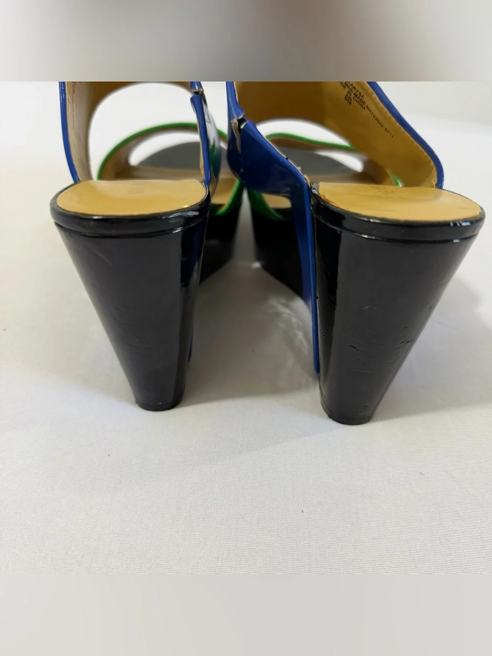 💙💚Nine West Colorblock Patent Platform Wedge Slide Sandals Blue Green Black| sz9